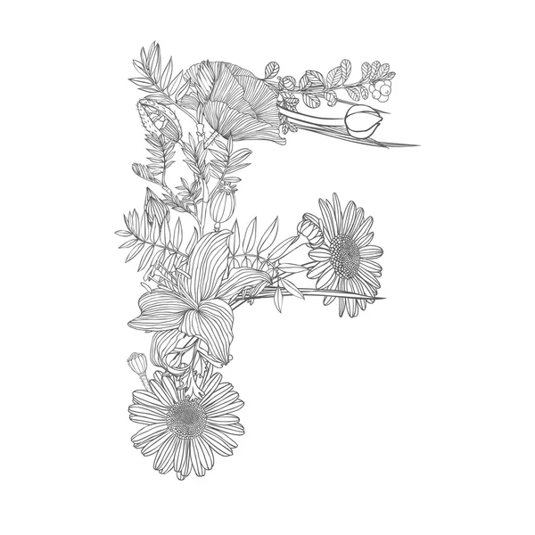 在白色的花卉字母表上的线性黑色。字母 F — 图库矢量图片