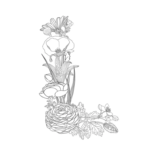 Alphabet floral linéaire noir sur blanc. Lettre L — Image vectorielle