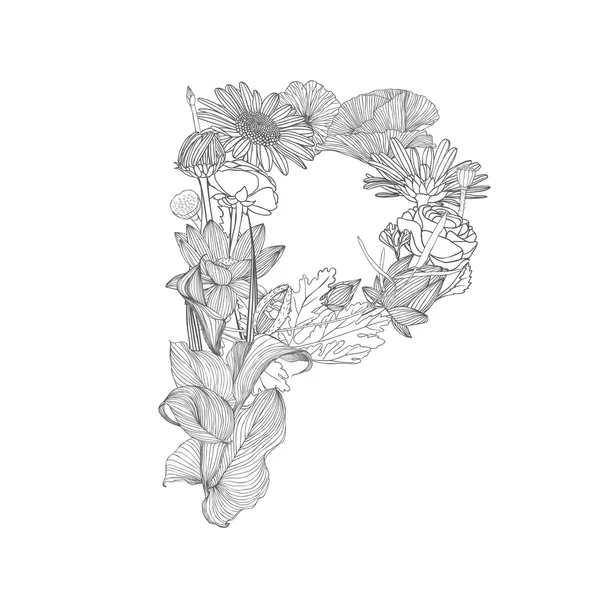 Lineaire zwart op wit Floral alfabet. Letter P — Stockvector