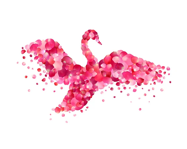 粉红色的玫瑰花瓣上白色孤立的天鹅 — 图库矢量图片