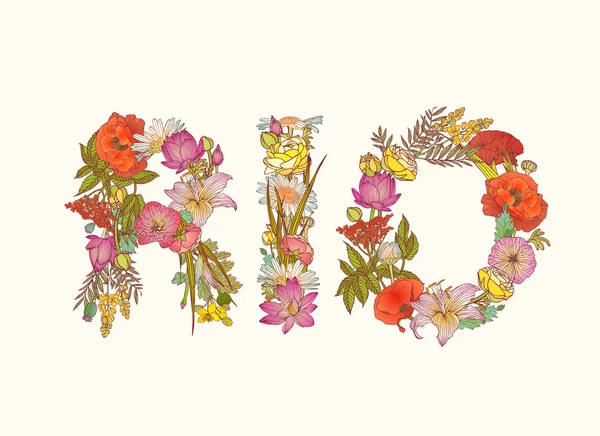 Rio. Wort der bunten floralen Schrift — Stockvektor