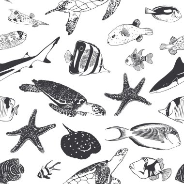 Seamless summer pattern. Sea and ocean inhabitants. Fish, turtle clipart