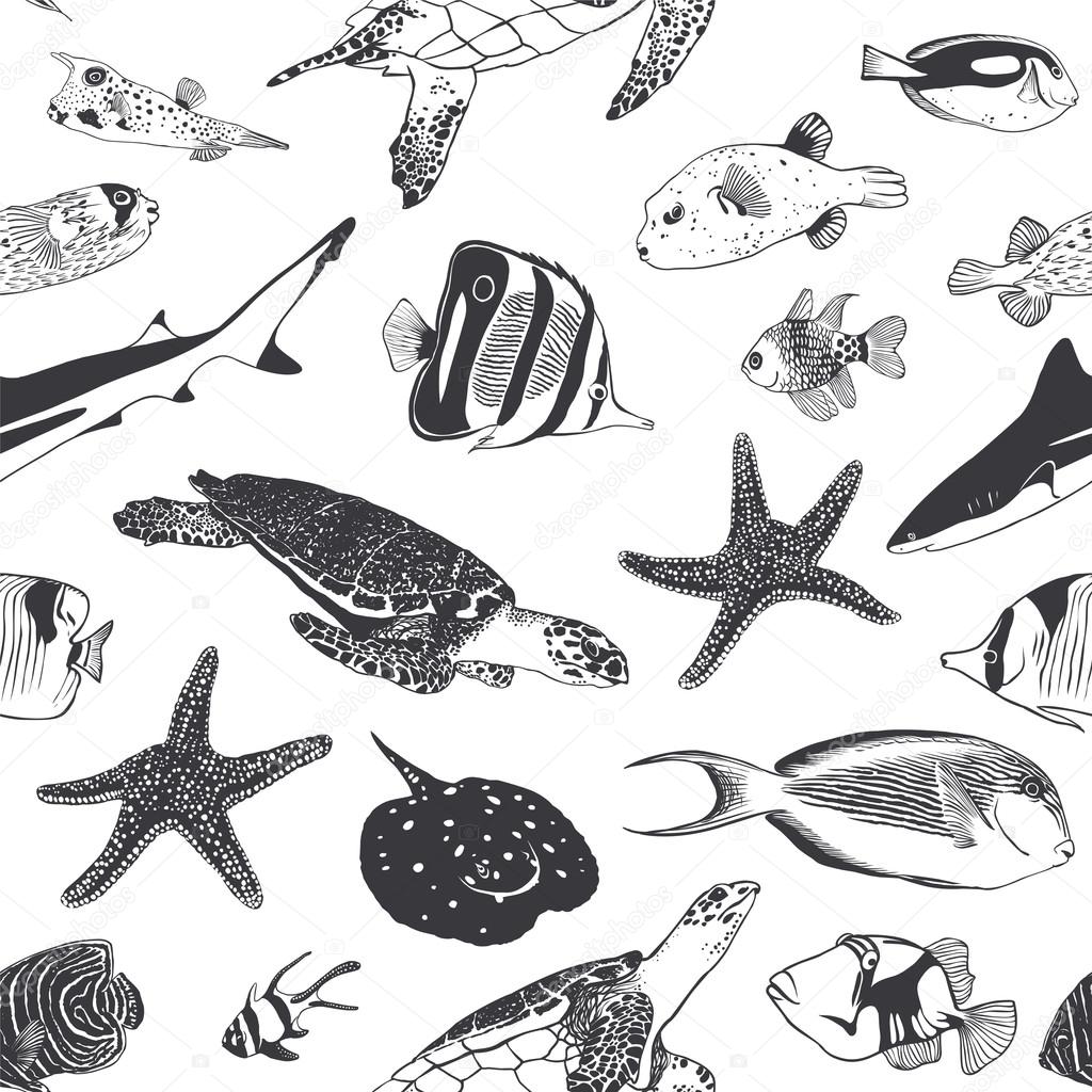 Seamless summer pattern. Sea and ocean inhabitants. Fish, turtle