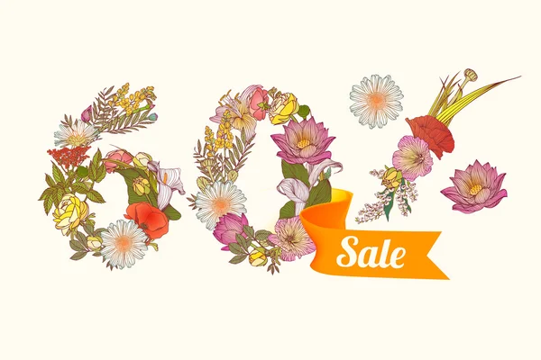 Sixty (60) percents sale. Floral digits — Stock Vector