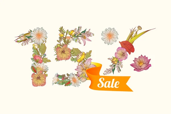 Quince (15) por ciento de venta. Dígitos florales — Archivo Imágenes Vectoriales