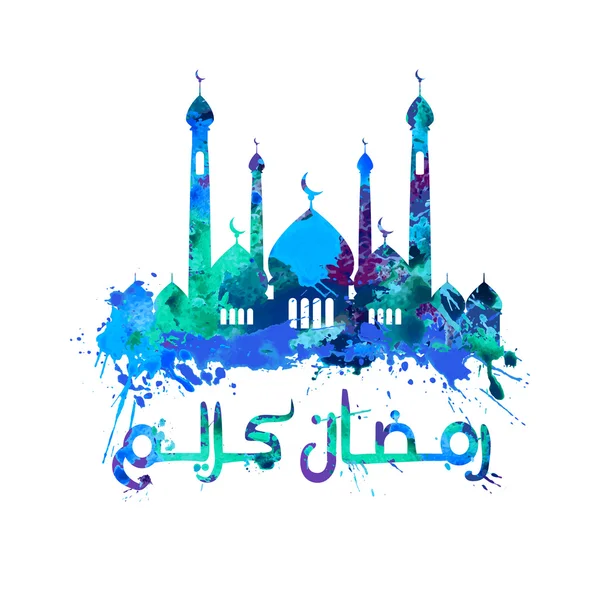 Ramadan kareem in Arabic. Mosque of splash paint — Stock Vector