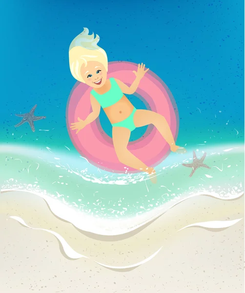 在大海的波涛中游泳的女孩 — 图库矢量图片