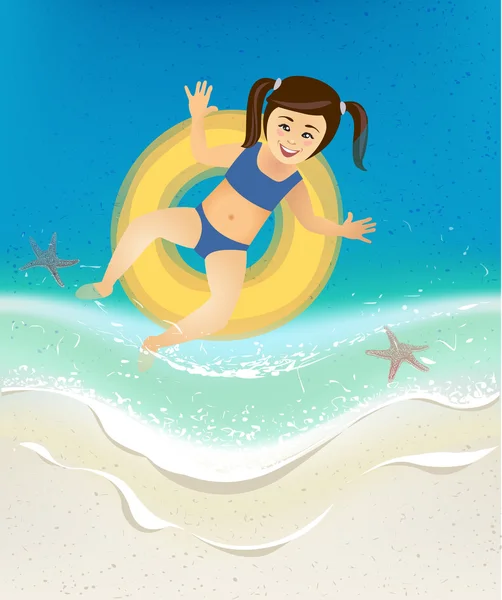 在大海的波涛中游泳的女孩 — 图库矢量图片