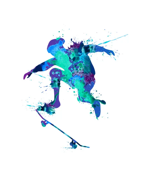 Skateboarder. Tinta azul respingo — Vetor de Stock