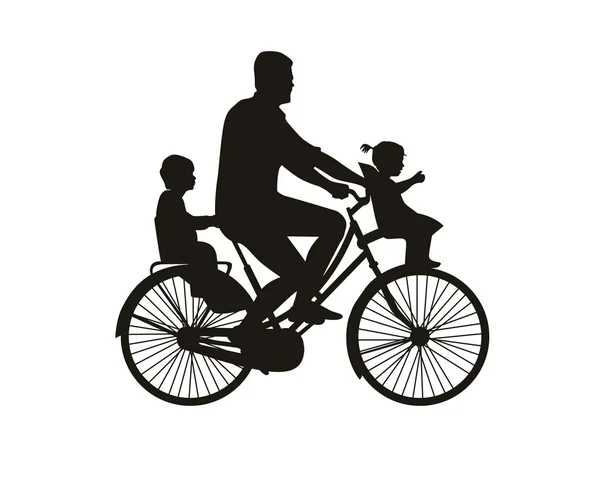 爸爸和两个孩子骑自行车 — 图库矢量图片