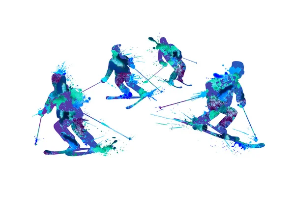 Les skieurs de montagne. Spray peinture sur fond blanc — Image vectorielle