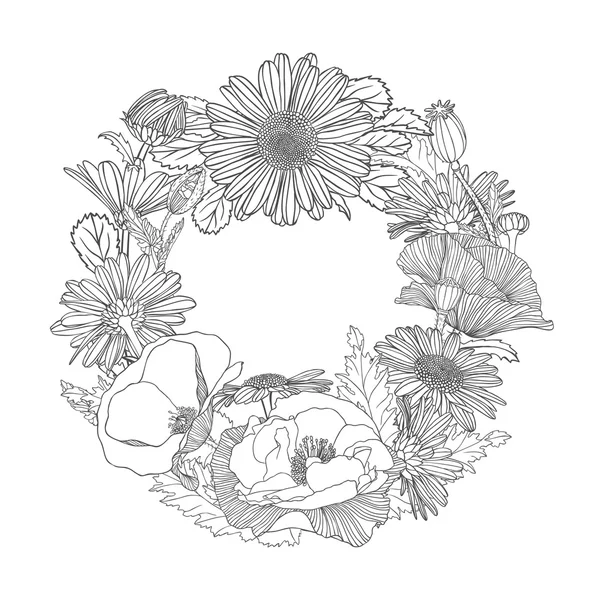 罂粟和洋甘菊的花环 — 图库矢量图片