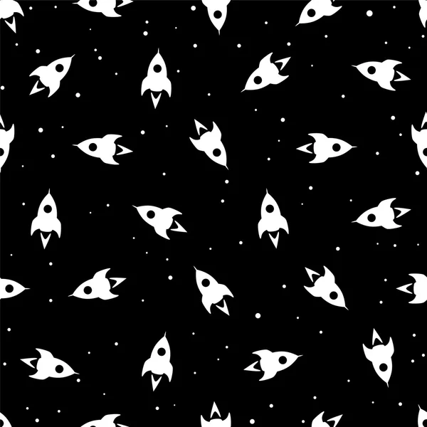 空间无缝黑白相间的花纹-火箭和星星 — 图库矢量图片