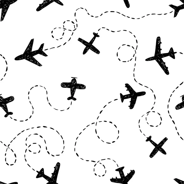 Patrón sin costuras - doodle aviones con formas — Vector de stock