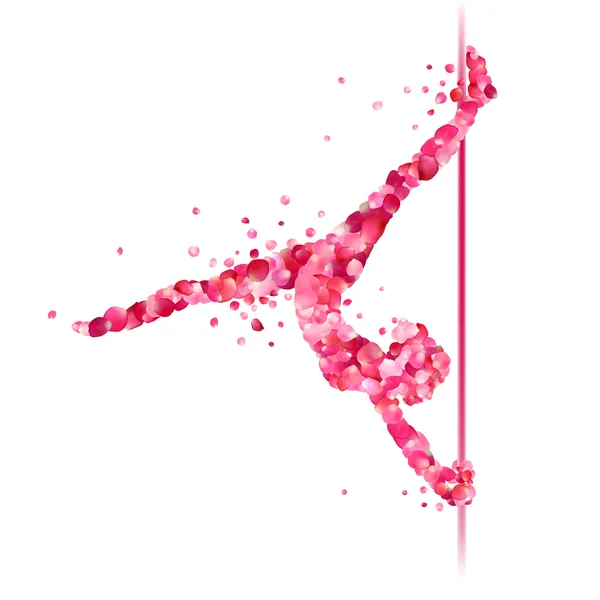 玫瑰花瓣的极点的舞蹈女人剪影 — 图库矢量图片