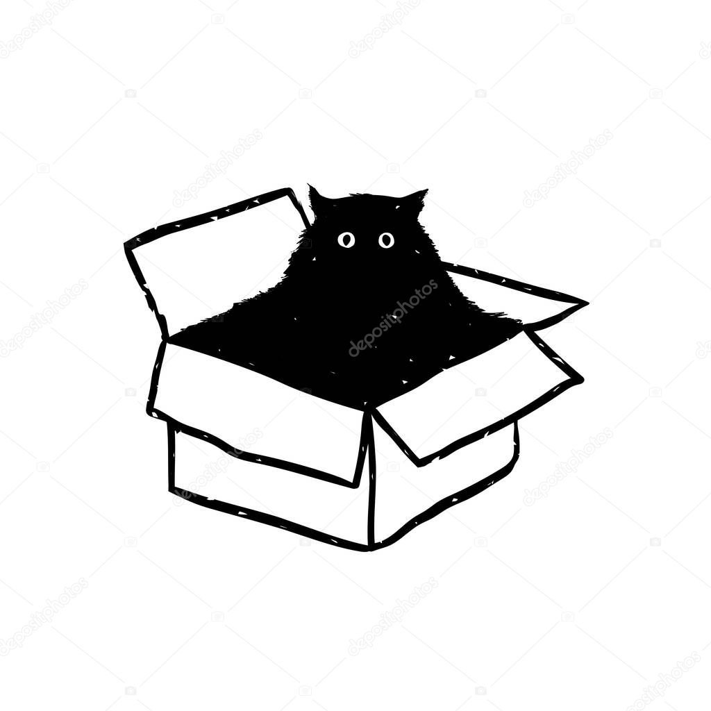 Black cat in box. Funny doodle vector illustration.
