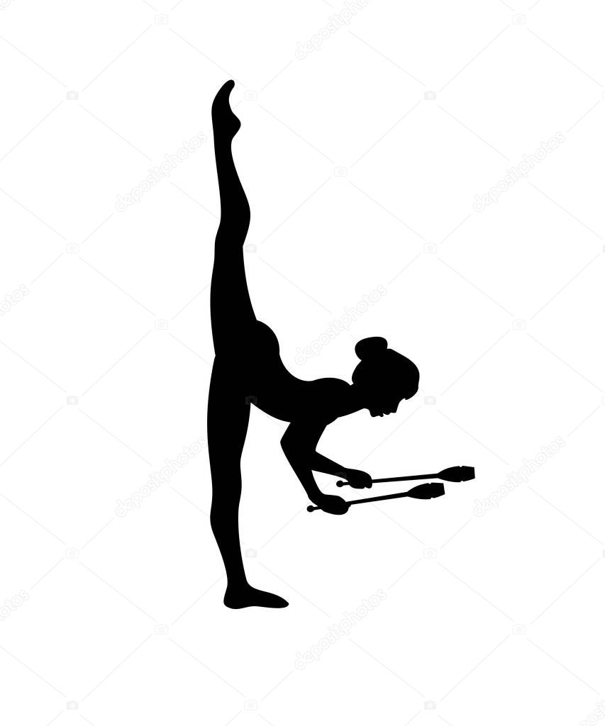 Rhythmic gymnastics girl with clubs. Dancer silhouette