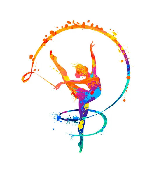 Rhythmic gymnastics girl with ribbon. Dancer silhouette — Stock Vector
