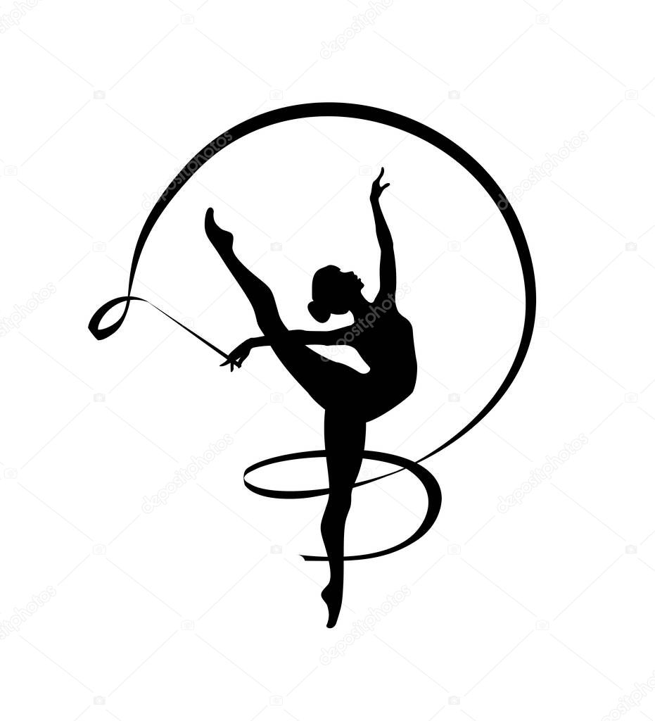Rhythmic gymnastics girl with ribbon. Dancer silhouette