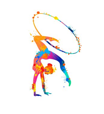 Çemberli ritmik jimnastik kızı. Sıçrama boyasının vektör dansçısı silueti
