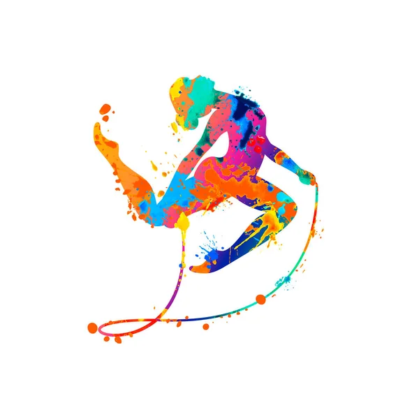 Gymnastique Rythmique Fille Avec Corde Sauter Silhouette Danseuse Vectorielle Peinture — Image vectorielle