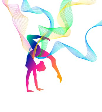 Rhythmic gymnastics. Vector silhouette of girl with multicolored lines clipart