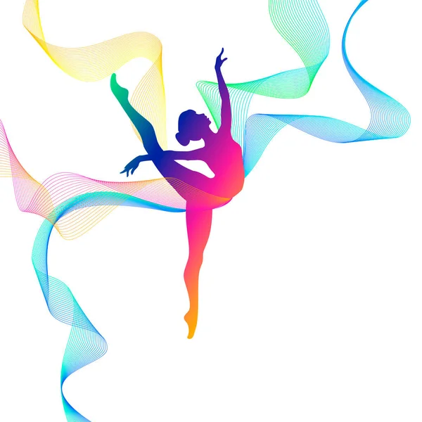 Ginnastica ritmica ragazza silhouette con linee multicolori — Vettoriale Stock