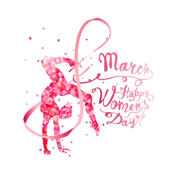 Marca Szczęśliwego Dnia Kobiet Sylwetka Gimnastyczki Wstążką Różowych Płatków Róż — Wektor stockowy