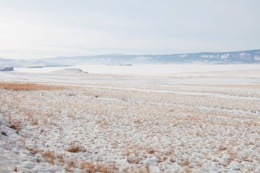 Olkhon Adası 'nda çim ve kar. Kış manzarası, Baykal Gölü