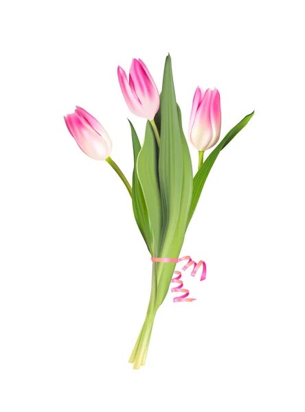 Bouquet Fleurs Tulipe Rose Vectoriel Avec Ruban Rose Isolé Sur — Image vectorielle