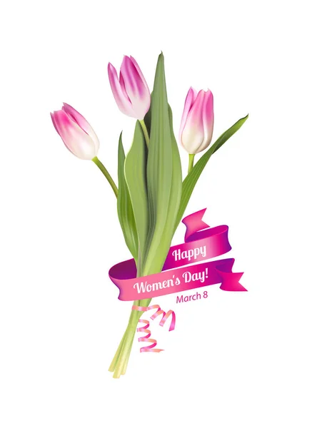 8 de Março. Feliz Dia das Mulheres. Cartão vetorial com tulipas — Vetor de Stock