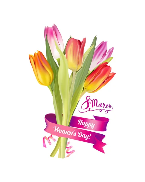 Marca Szczęśliwego Dnia Kobiet Karta Wektorowa Bukietem Kwiatów Tulipan — Wektor stockowy