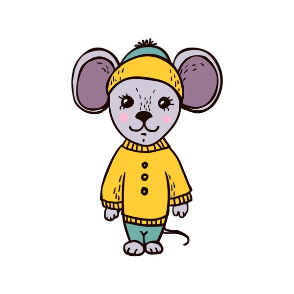 Illustration vectorielle pour enfants, Petite souris en pull et chapeau — Image vectorielle