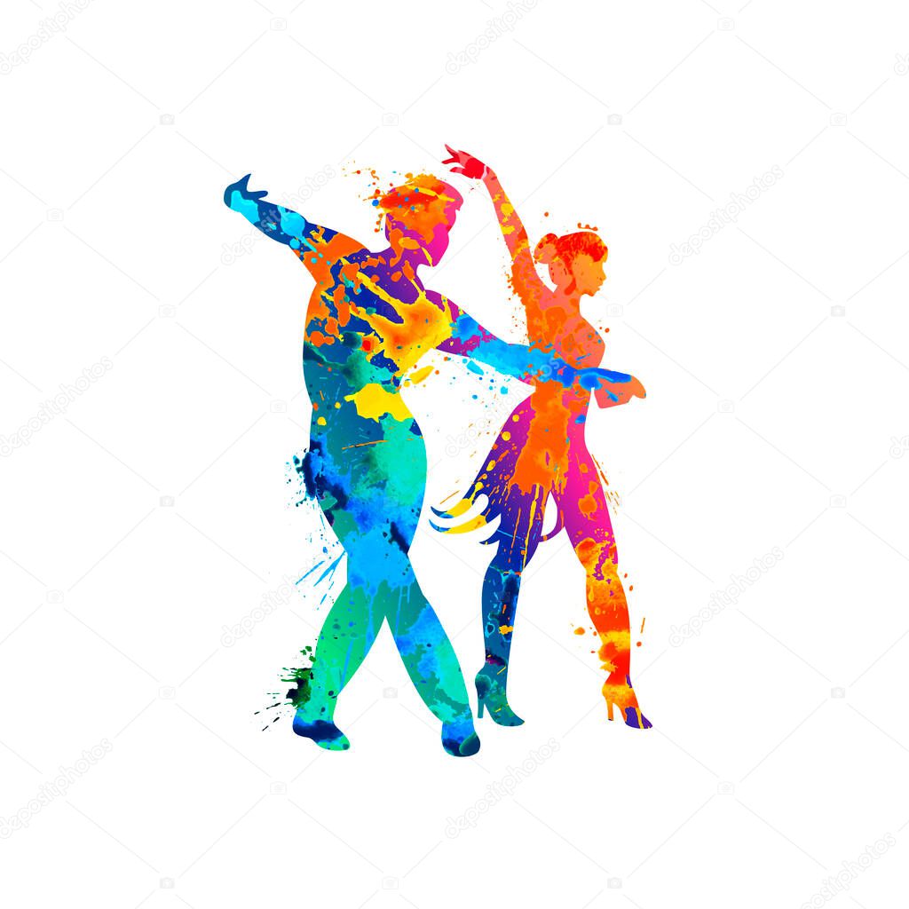 Silhouette of a dancing pair sporting latin classical dances. Vector icon of splash paint