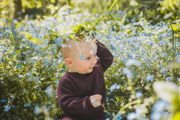 Nine Month Old Boy Wearing Wreath Forget Nots Clearing — Stock Photo, Image