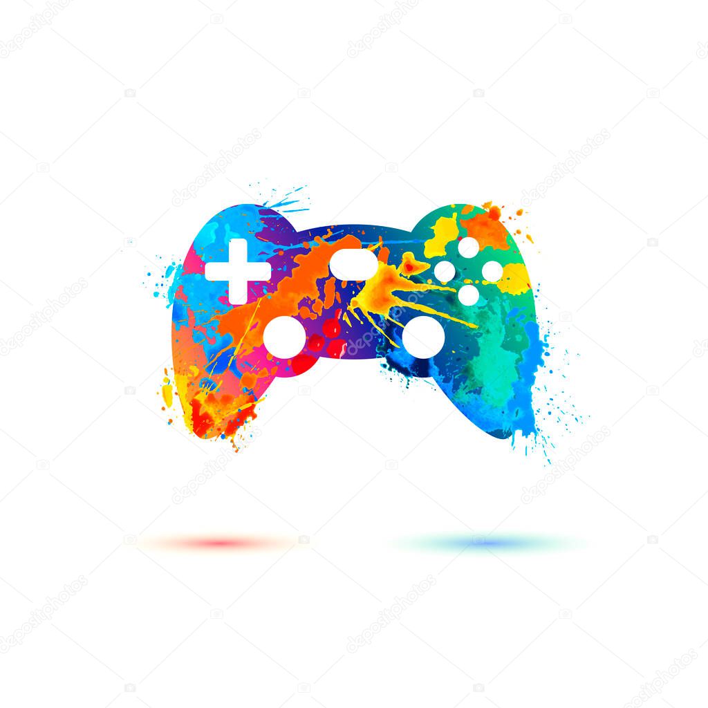 Game console remote control icon. Vector symbol of watercolor splash pait