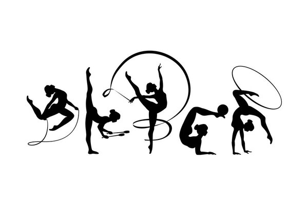 Rhythmic gymnastics girls with different inventory. Vector dancer silhouettes black on white