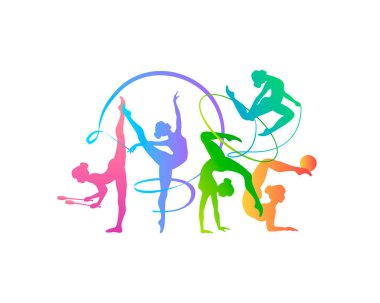 Farklı envanterleri olan ritmik jimnastik kızları. Vektör dansçı renkli siluetler