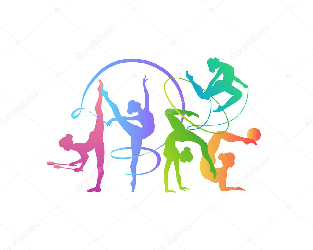 Rhythmic gymnastics girls with different inventory. Vector dancer colorful silhouettes