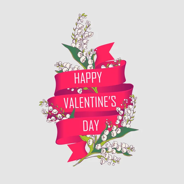 Vektor üdvözlőlap, gyöngyvirág és a szalag, hogy azt mondja: boldog Valentin-napot — Stock Vector