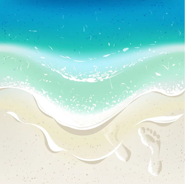 Ola de mar en una playa tropical. Huellas en la arena . — Vector de stock