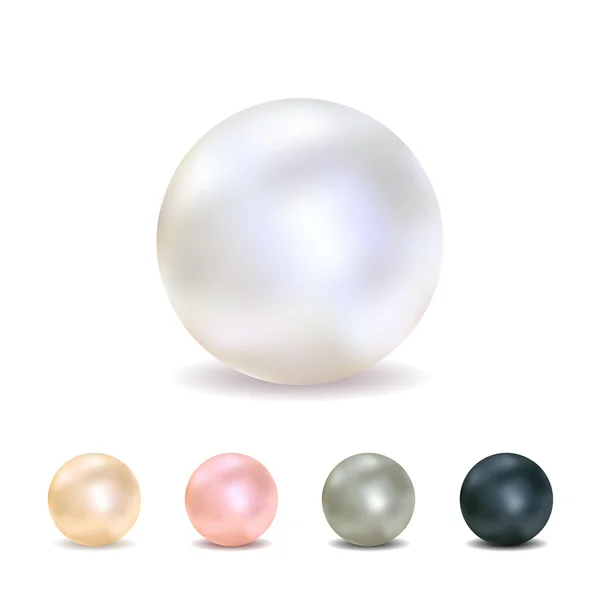 Conjunto de perlas realistas (blanco, melocotón, rosa, gris, negro), aisladas sobre fondo blanco . — Archivo Imágenes Vectoriales