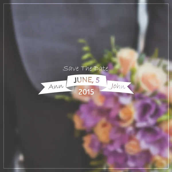 Invitation de mariage vectoriel avec fond flou de bouquet de mariée. Inscription : Enregistrer la date. Ruban — Image vectorielle