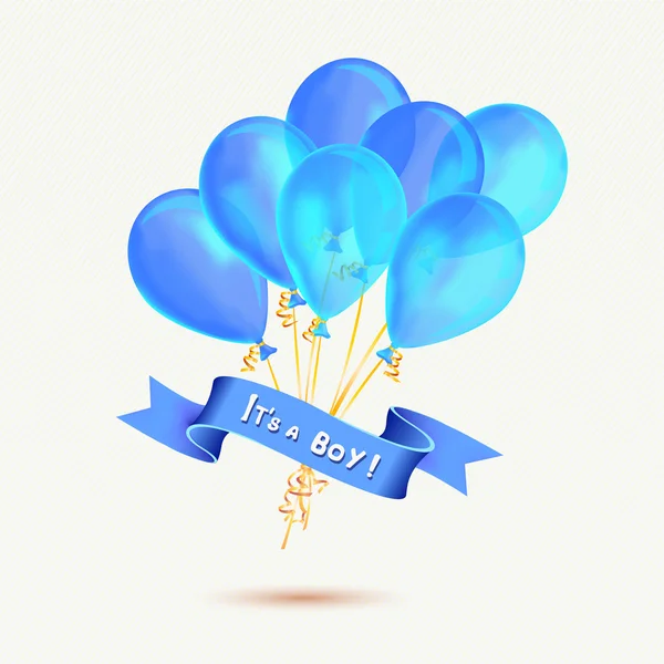 Aufschrift am Band: Es ist ein Junge! Bündel blauer Luftballons — Stockvektor