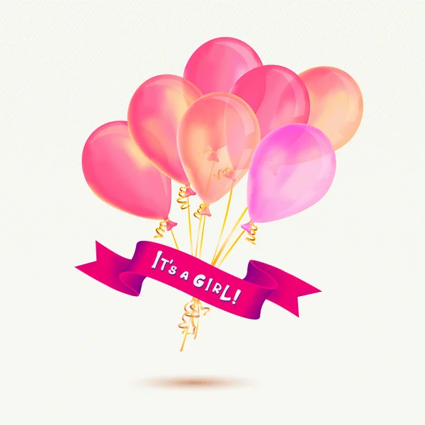 Επιγραφή στην κορδέλα: είναι ένα κορίτσι! Μάτσο ροζ μπαλόνια — Διανυσματικό Αρχείο
