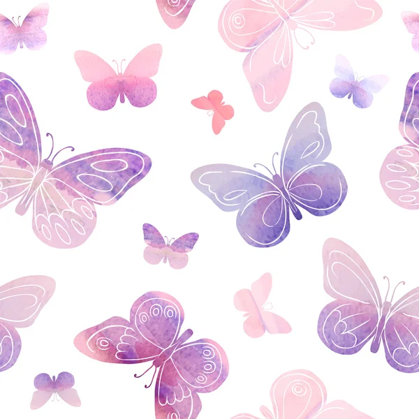 Vector seamless watercolor pattern - hand painted butterflies — Stock Vector