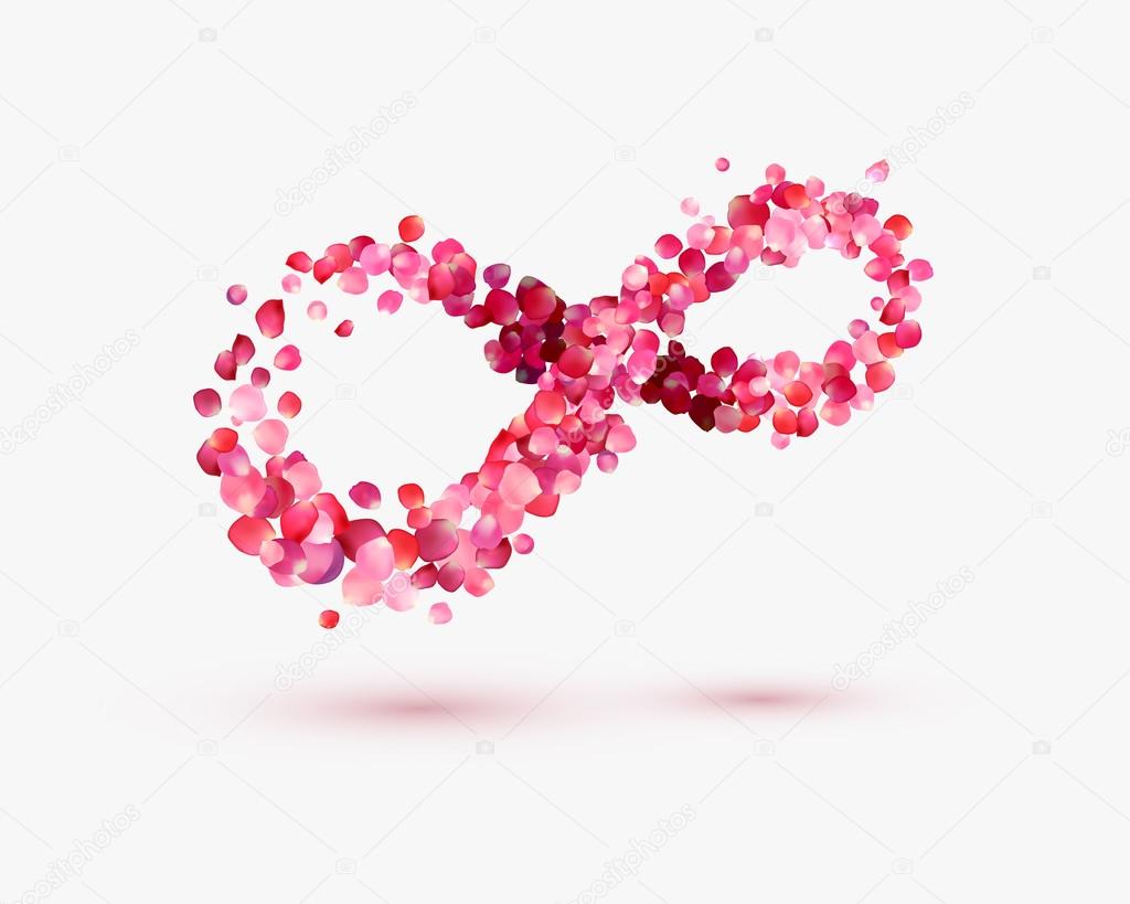 Infinity love Symbol of rose petals on a white background