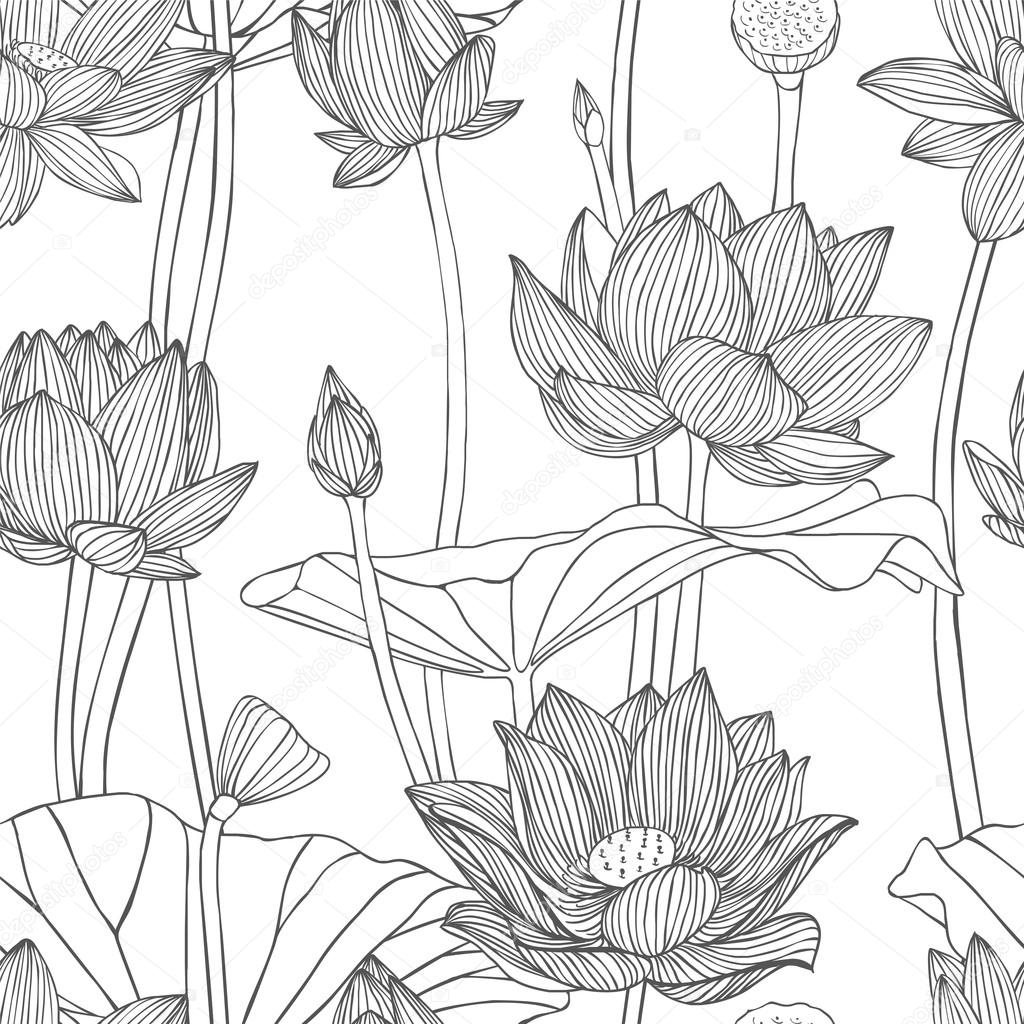 Linear seamless pattern - lotus flower.