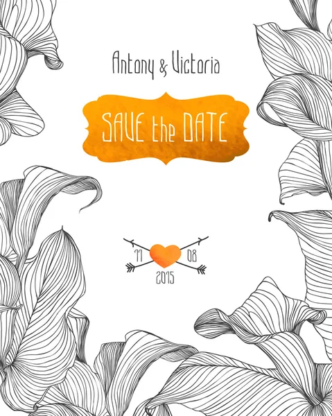 Wedding invitation "save the date" template with linear calla flowers. — Stock Vector