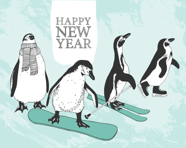 Szczęśliwego nowego roku Gratulacje karty. Sportowe pingwiny — Wektor stockowy